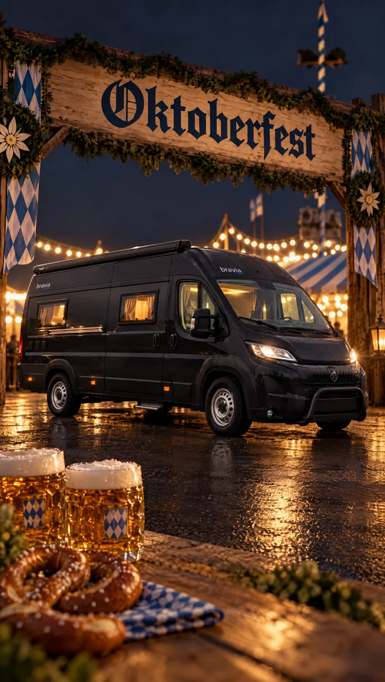 Schwarzer Kastenwagen unter einem Oktoberfest-Holzbogen, davor Maßkrüge und Brezeln